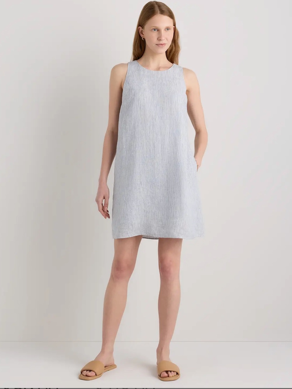 Quince Blue Pinstriped Linen Tank Dress New, Never Worn Pockets Lined - Picture 2 of 7